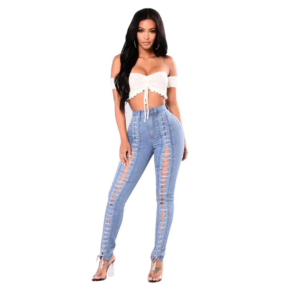 Light Blue Bandage Jeans for Women - Wholesale Supply